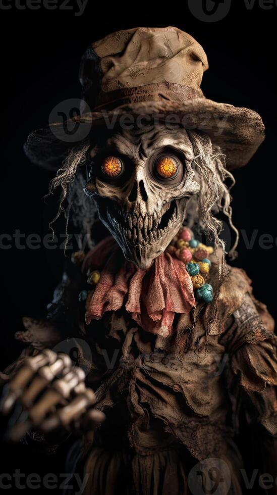 portrait of old Terrible scarecrow in dark cloak and dirty hat stands. Halloween concept. . photo