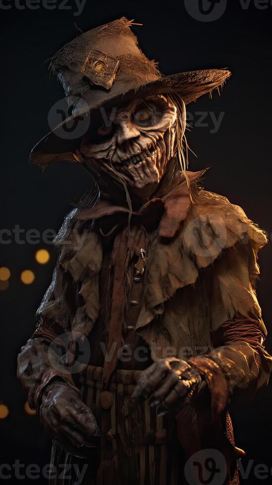 portrait of old Terrible scarecrow in dark cloak and dirty hat stands. Halloween concept. . photo