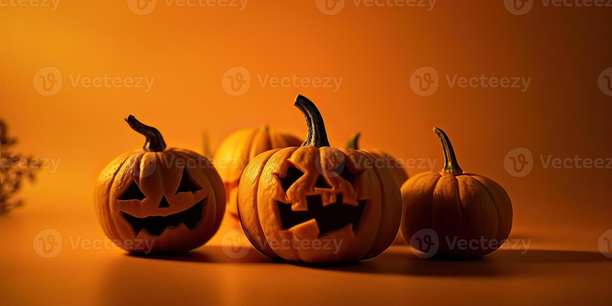 Scary pumpkin jack-o-lantern with creepy toothy smile and fiery glow inside realistic illustration. Traditional decoration, symbol of halloween holiday celebration. . photo