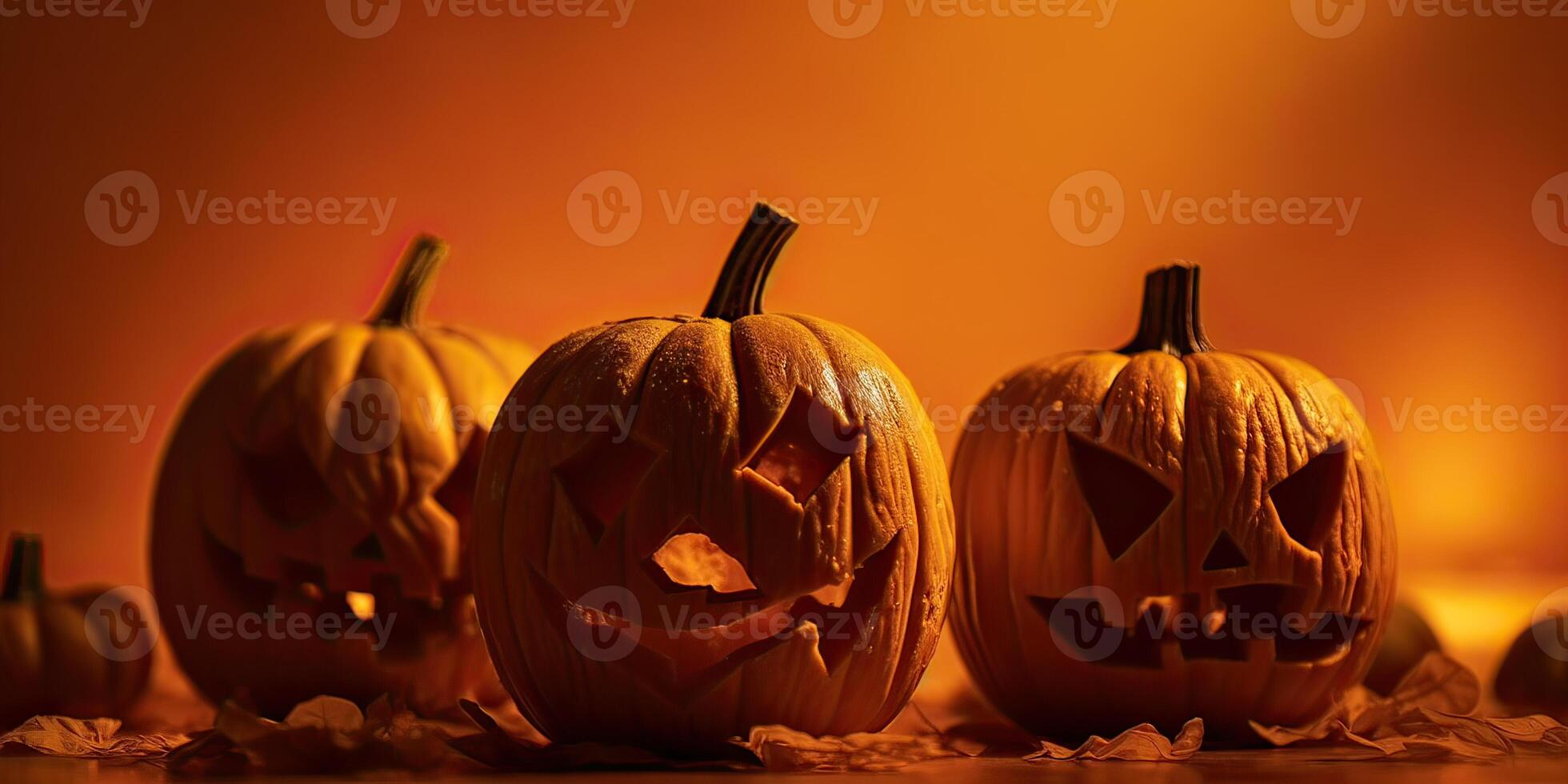 Scary pumpkin jack-o-lantern with creepy toothy smile and fiery glow inside realistic illustration. Traditional decoration, symbol of halloween holiday celebration. . photo