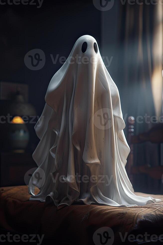 portrait of A white ghost with black eyes, made from a bedsheet. . photo