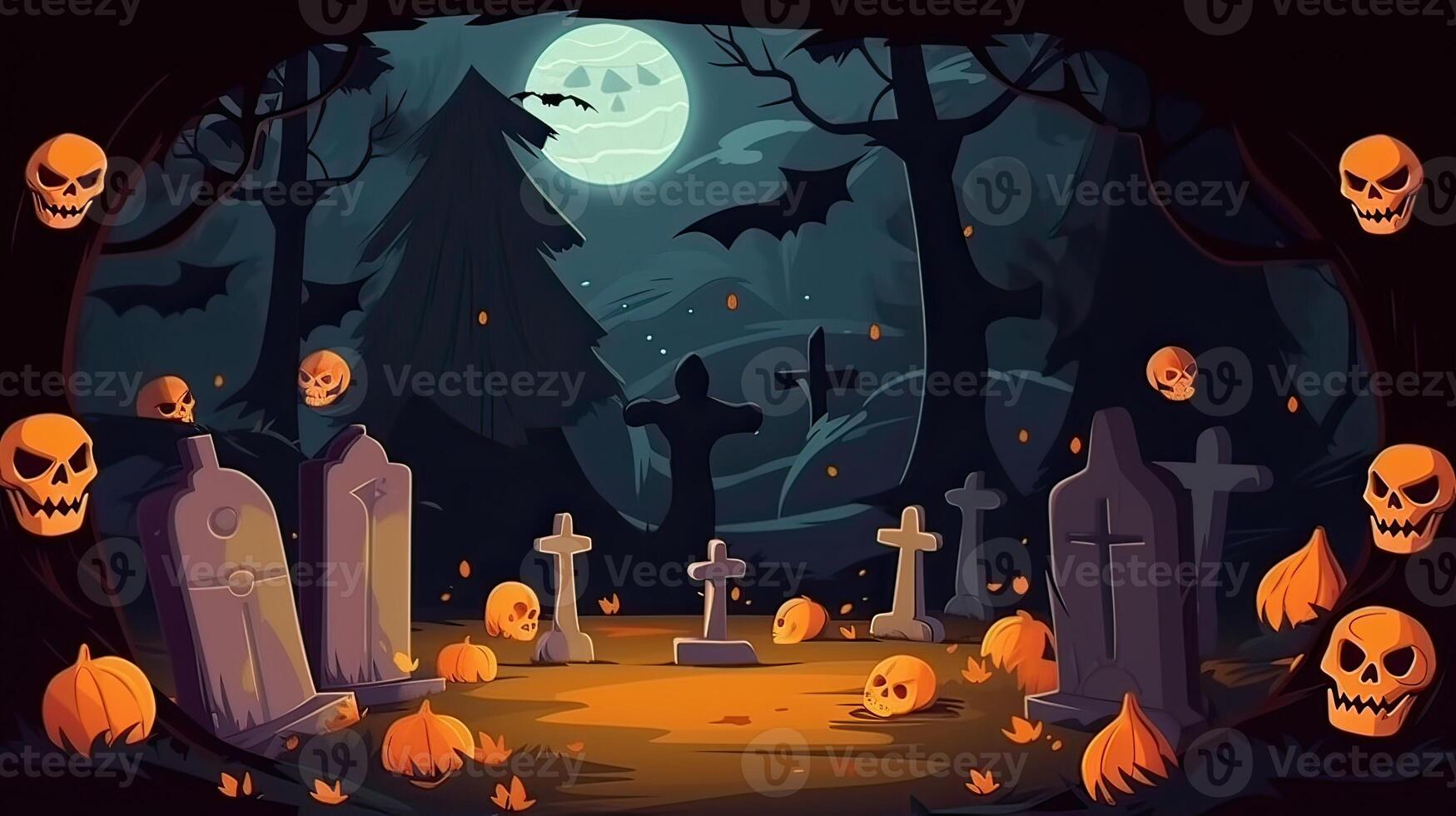 Pumpkins In Graveyard In The Spooky Night - Halloween Backdrop. . photo