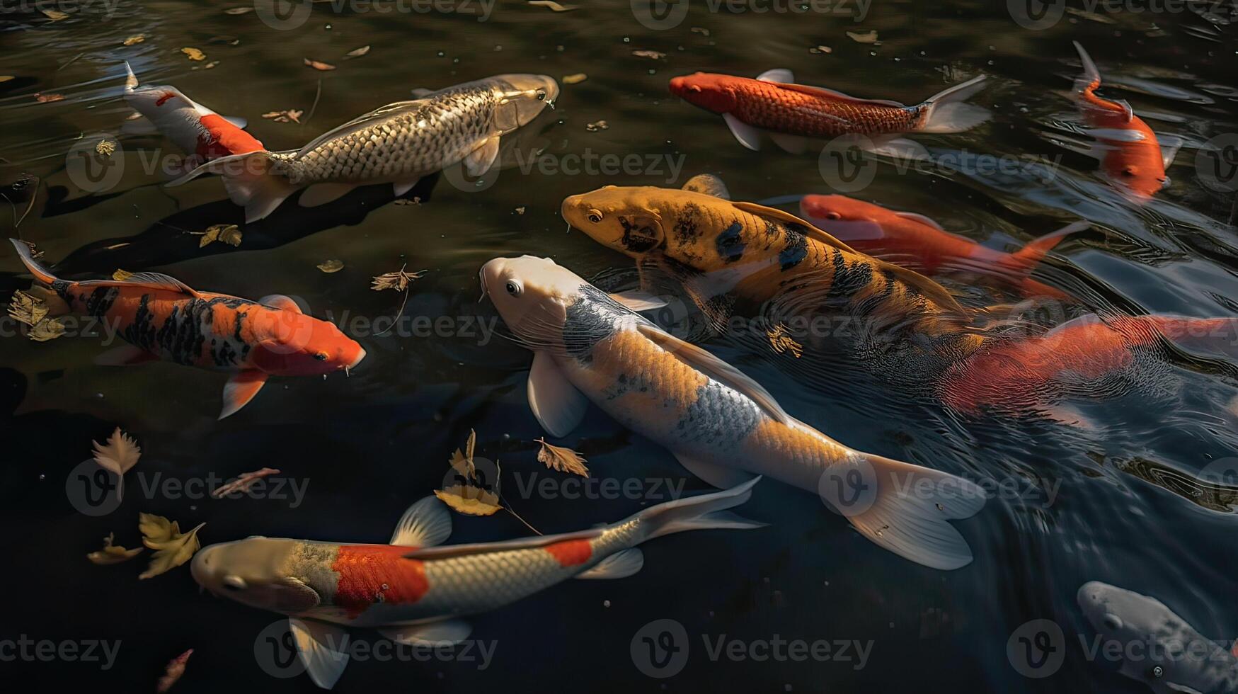 Overhead view of koi carps swimming in pond. . photo