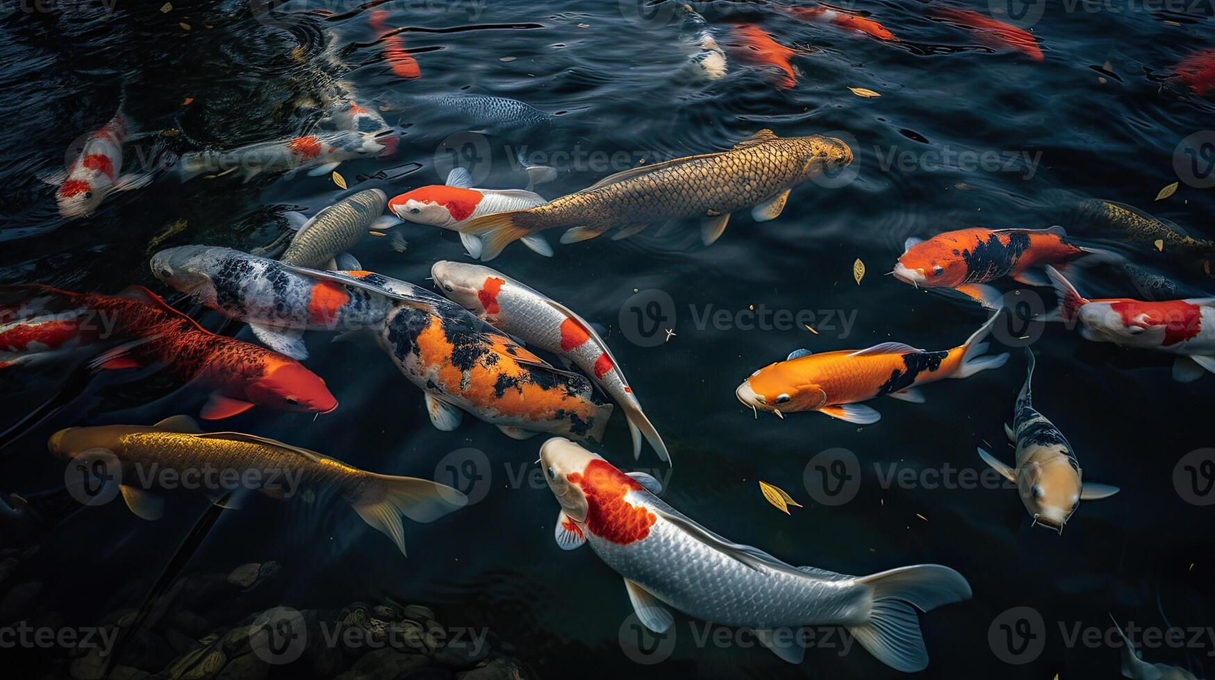 Overhead view of koi carps swimming in pond. . photo