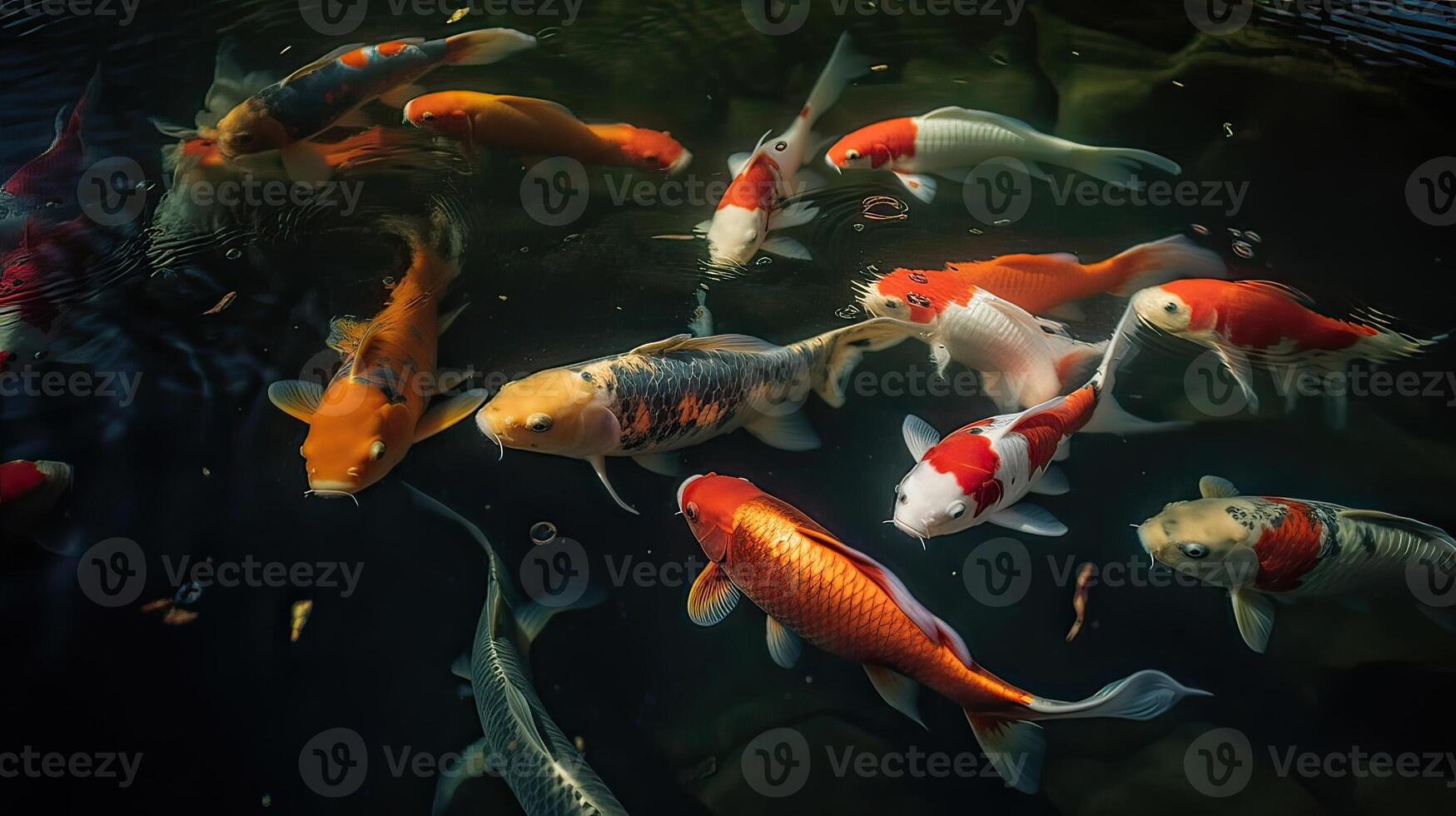 Overhead view of koi carps swimming in pond. . photo