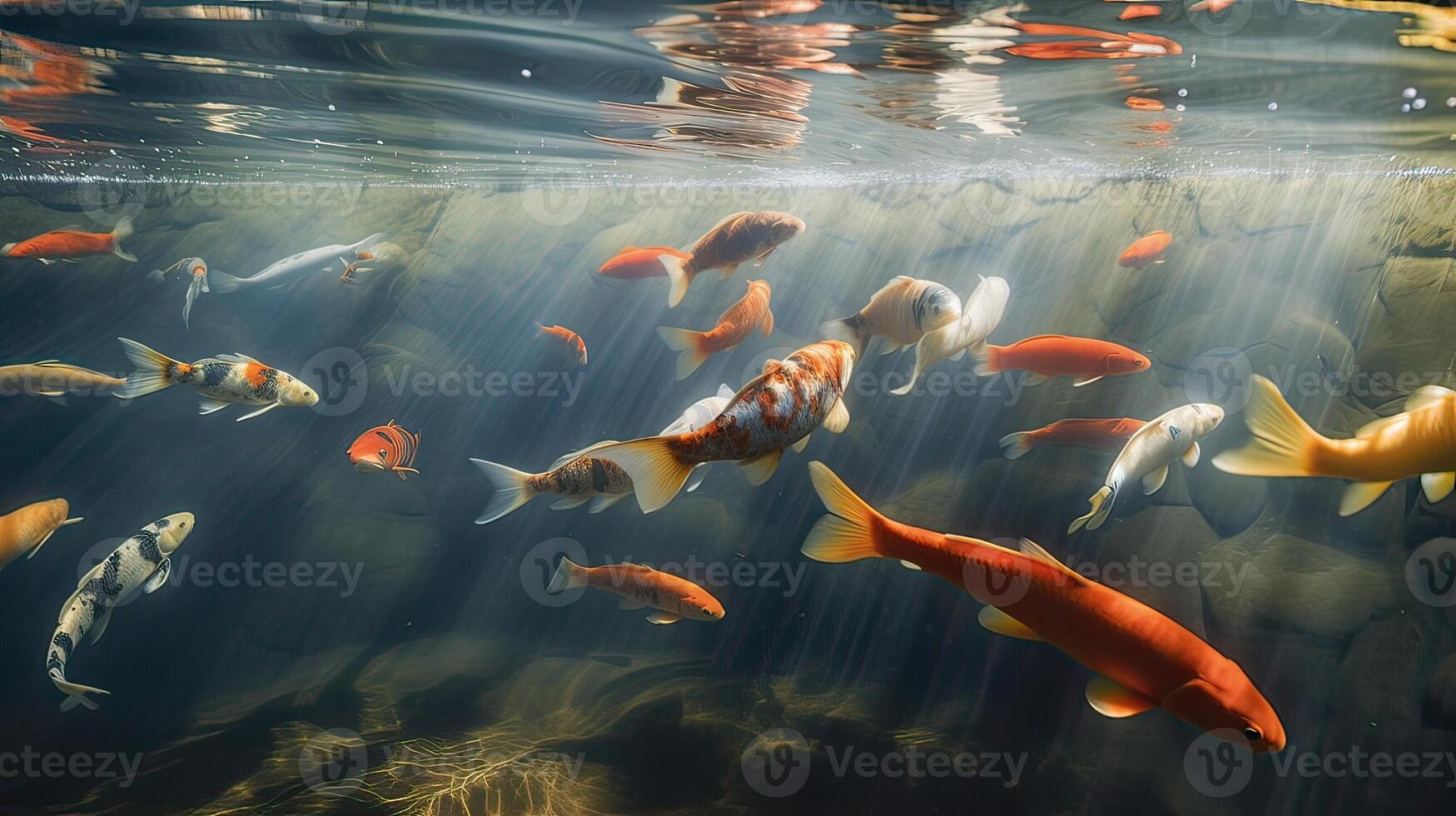 Overhead view of koi carps swimming in pond. . photo