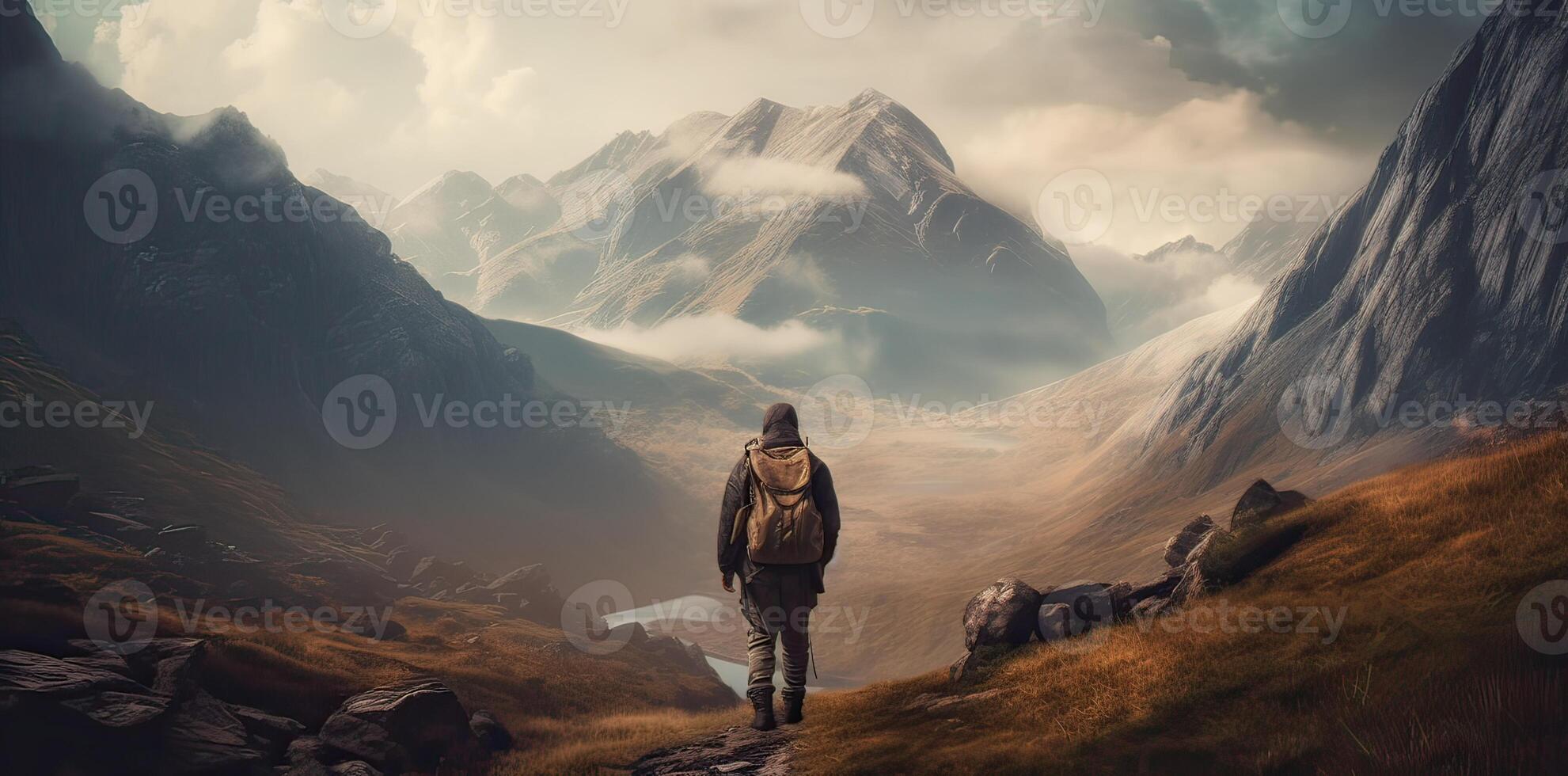 Sporty man on the mountain peak looking on mountain valley with sunbeams at colorful sunset in autumn. Landscape traveler, foggy hills, forest in fall, amazing sky and sunlight in fall. photo