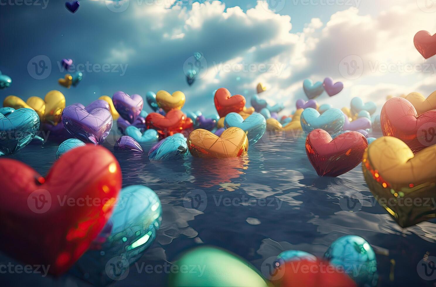 Colorful heart shape balloon with blue sky. Valentine's day background with heart shaped balloons. . photo