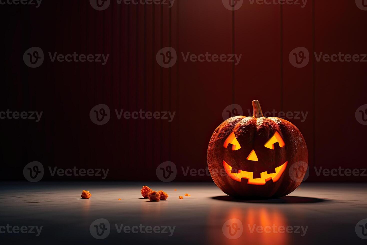 spooky halloween pumpkin, Jack O Lantern, with an evil face and eyes on a wooden bench, table with a misty night background with space for product placement. . photo