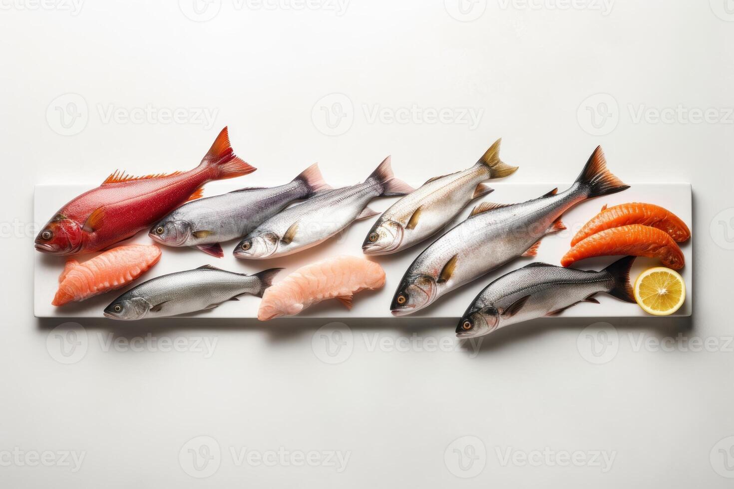 A minimalist presentation of various types of fish on white background photo