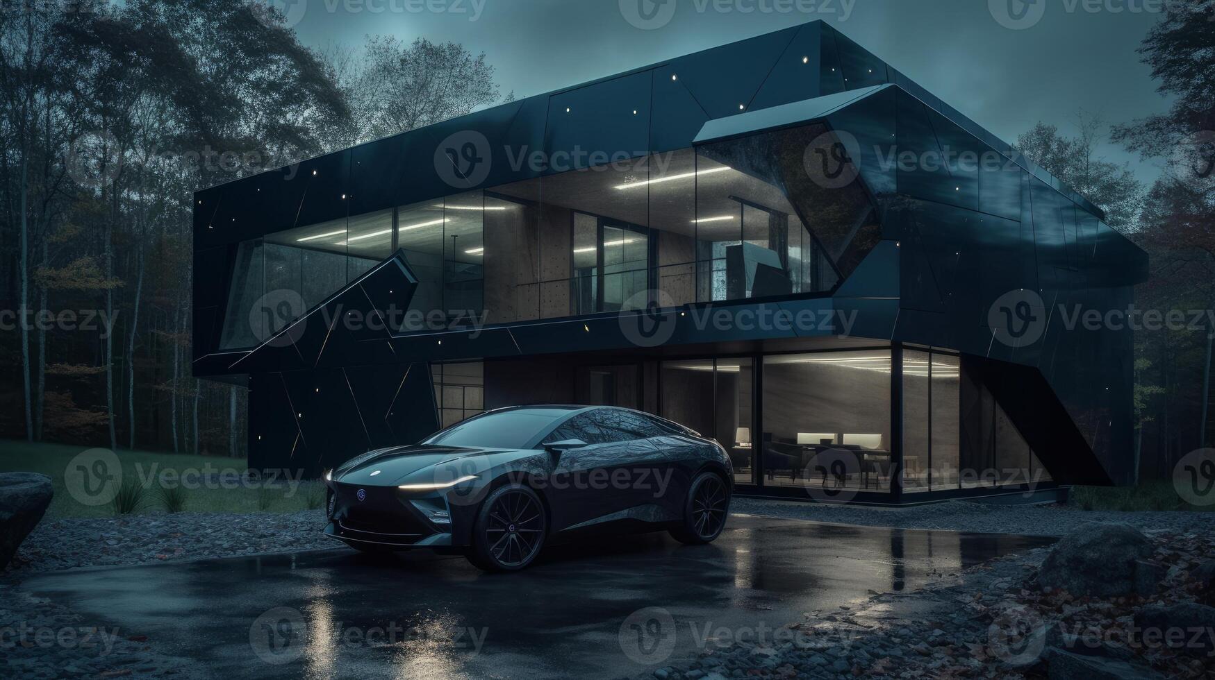 A unique geometric home with a fully automated interior night image photo
