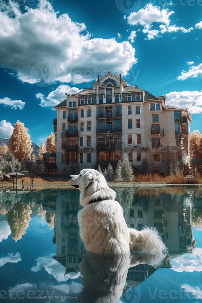 un muy linda gigante perro mira arriba a el cielo generativo ai foto