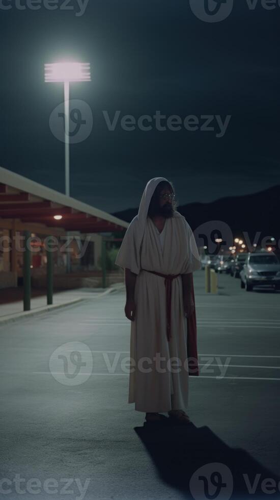 Christ Returns from his Long Trip to Costco at night photo