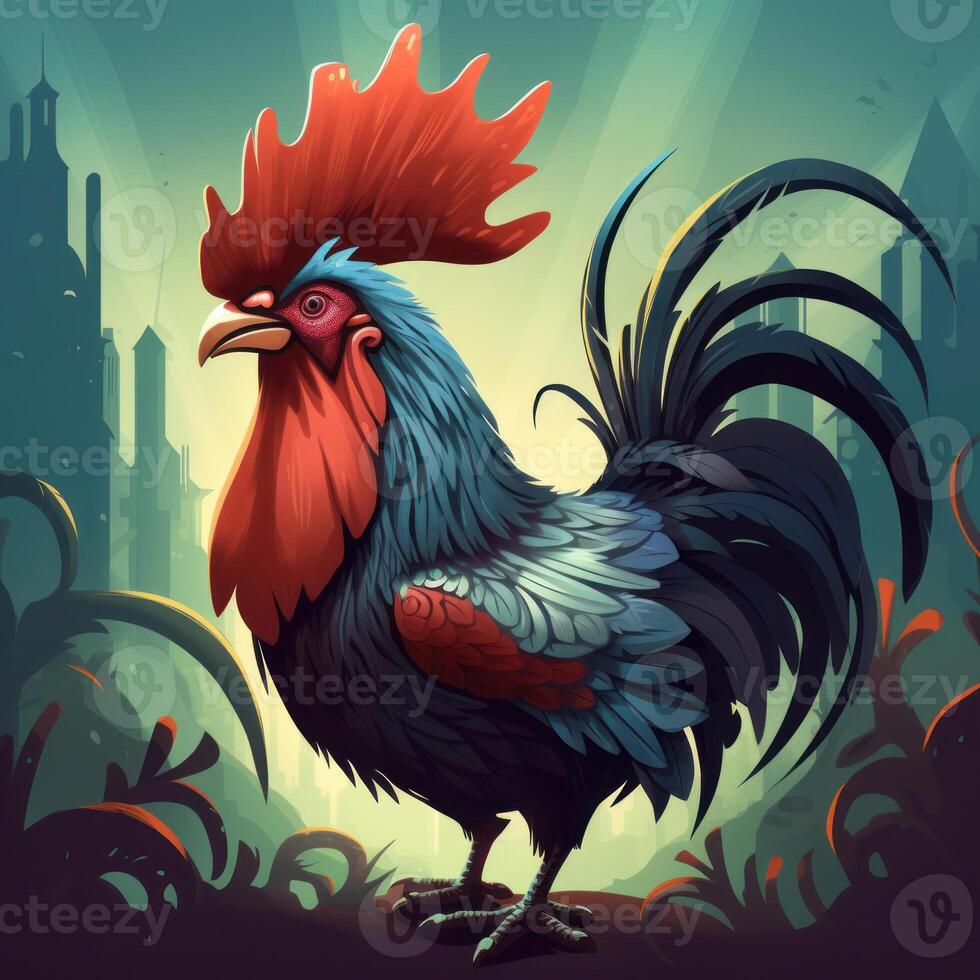 A 2D illustration of a fighting cartoon rooster photo