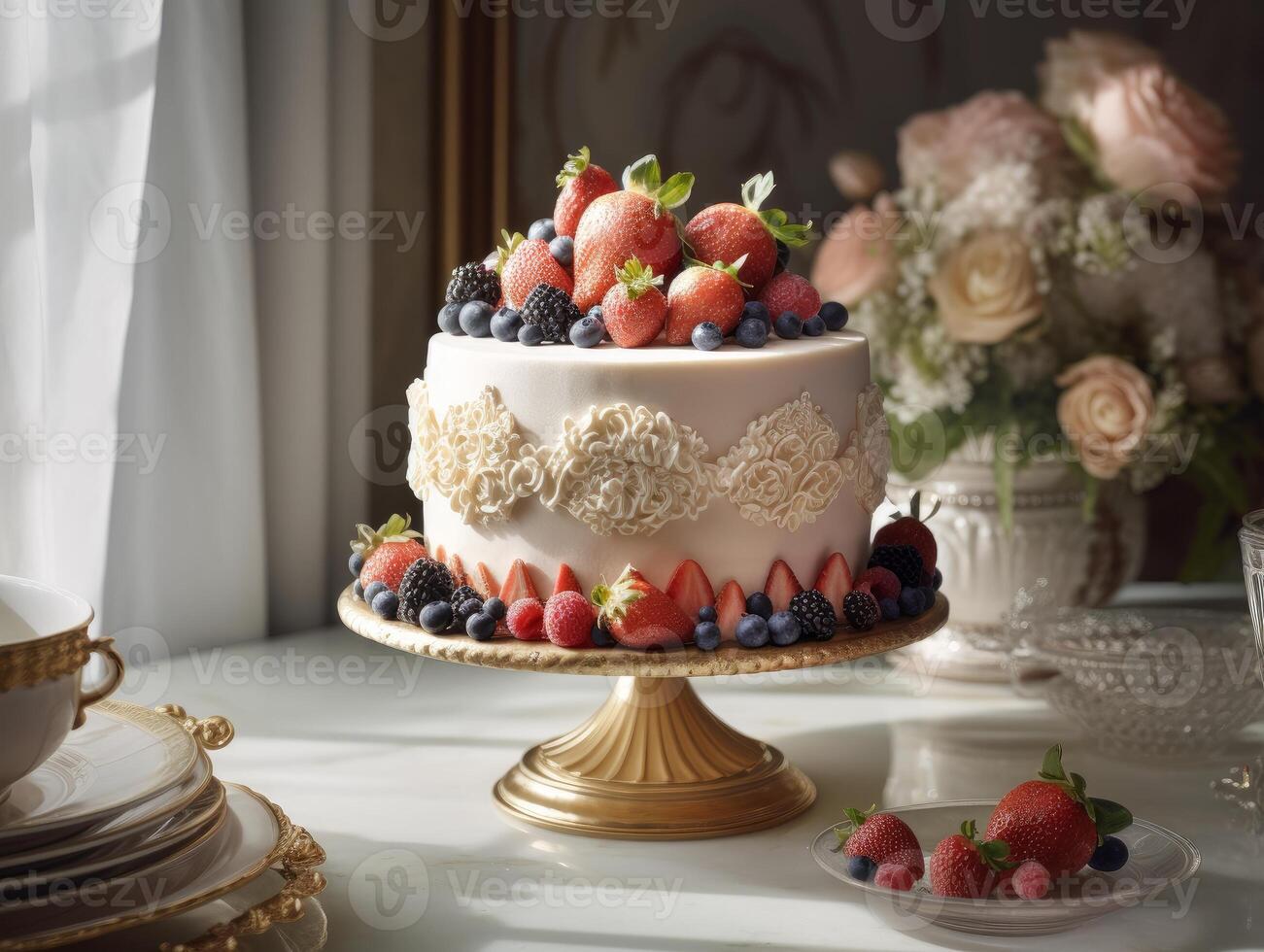 A photograph of beautiful white strawberry and blueberry cake photo