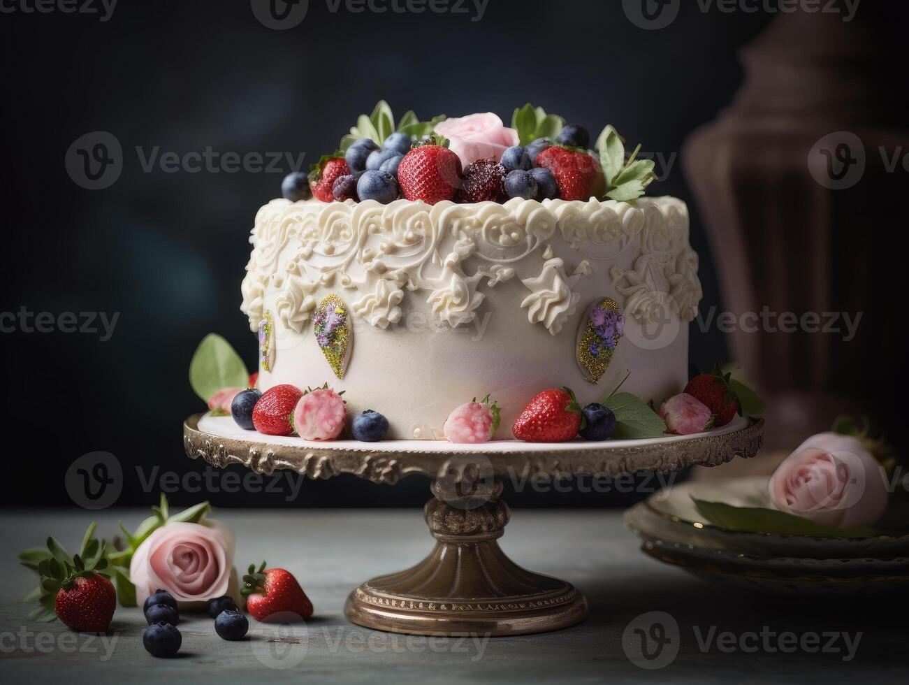 A Beautiful white cake with strawberry and blueberry photo