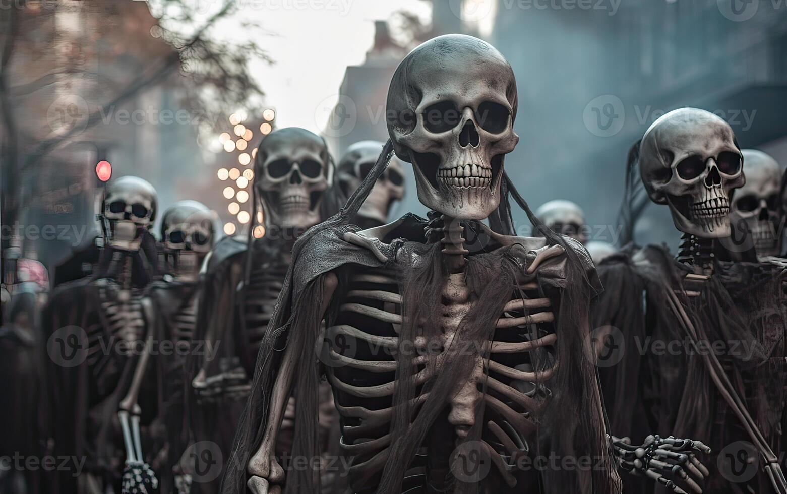 Halloween parade Scary skeletons marching team. . photo