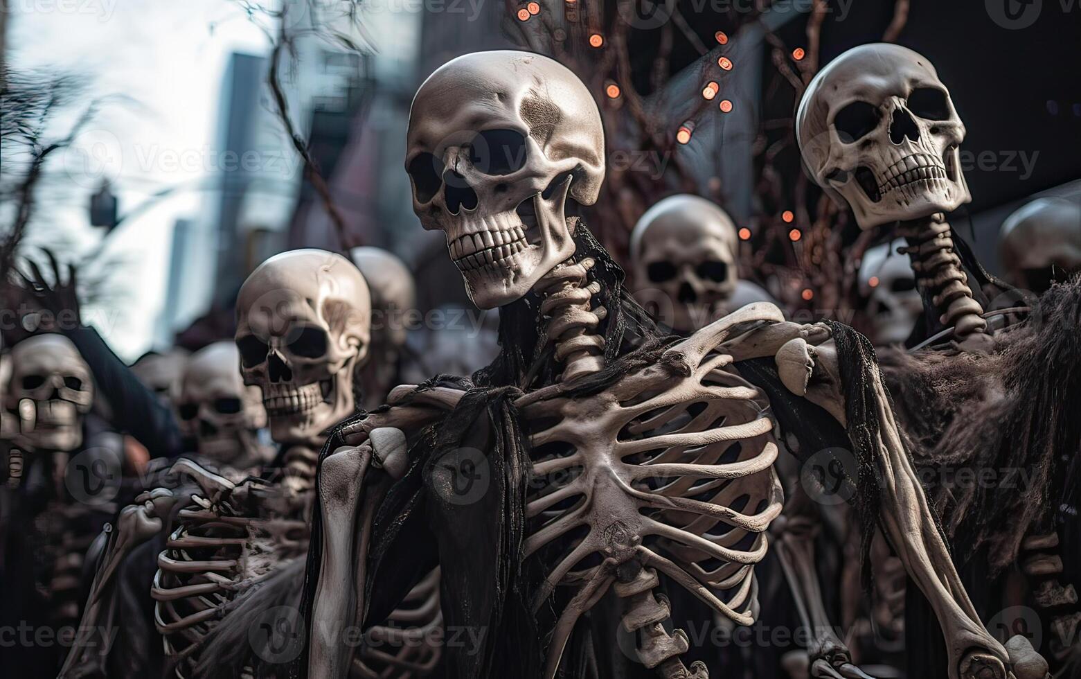 Halloween parade Scary skeletons marching team. . photo