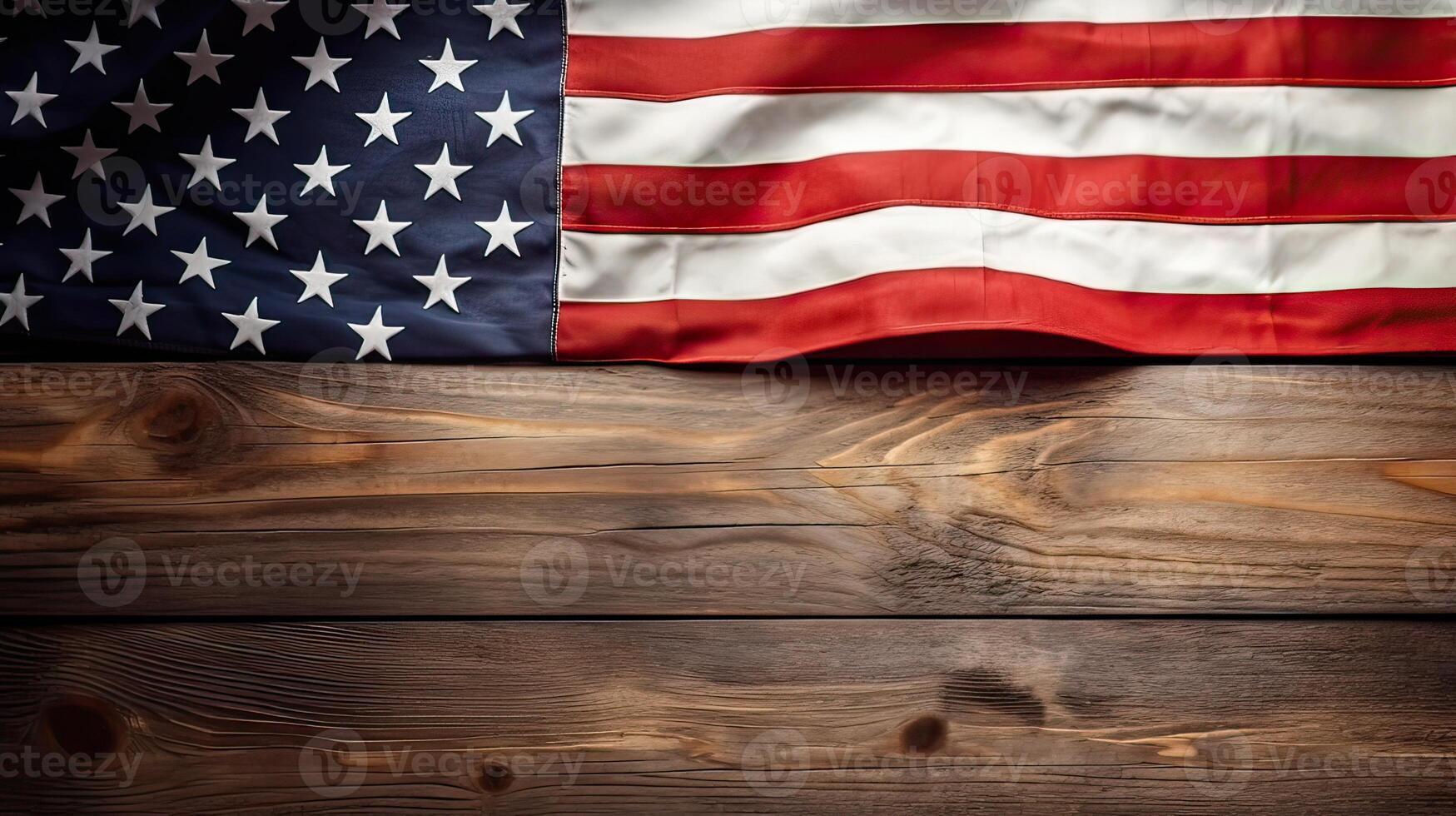 Top view overhead America United States flag, memorial remembrance and thank you of hero, studio shot with copy space on wooden table background, USA holiday or Independence day concept. photo