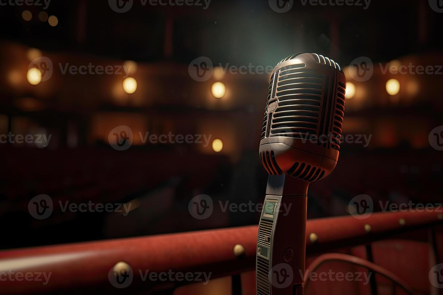 Microphone On The Theater Stage Before The Concert With Empty Seats And Blurred Lights. . photo