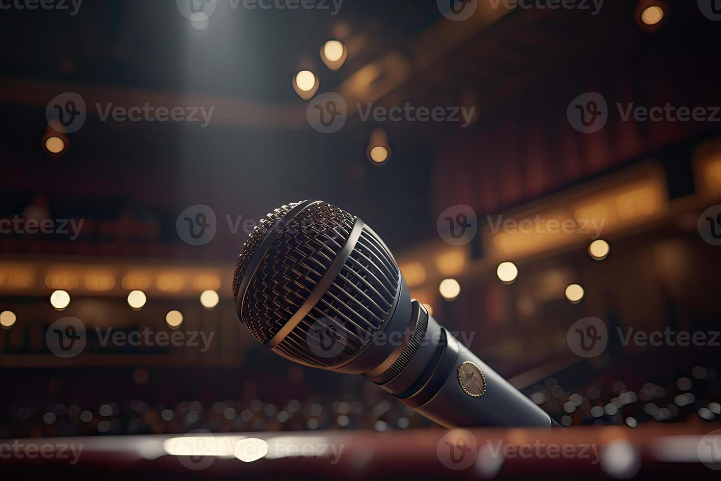 Microphone On The Theater Stage Before The Concert With Empty Seats And Blurred Lights. . photo