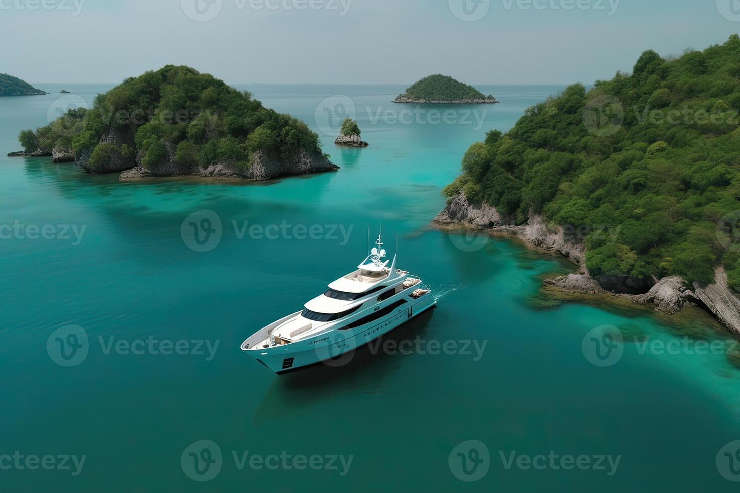 View from above, stunning aerial view of the Cala di volpe bay with a green coastline, white sand beaches and luxury yachts sailing on a turquoise water. photo