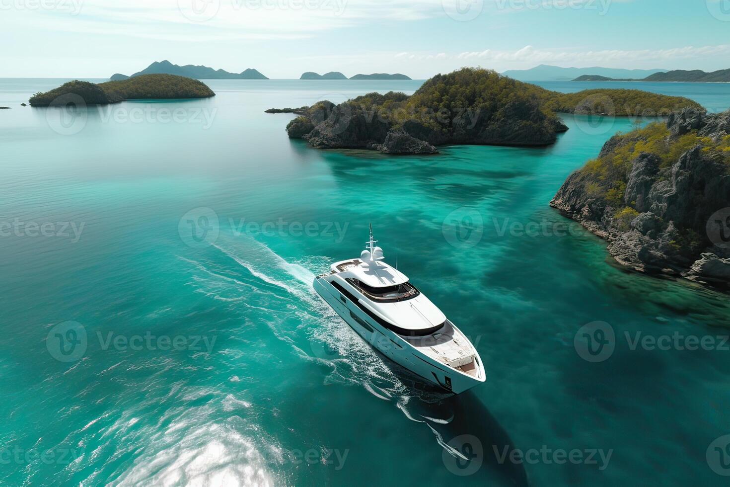 View from above, stunning aerial view of the Cala di volpe bay with a green coastline, white sand beaches and luxury yachts sailing on a turquoise water. photo