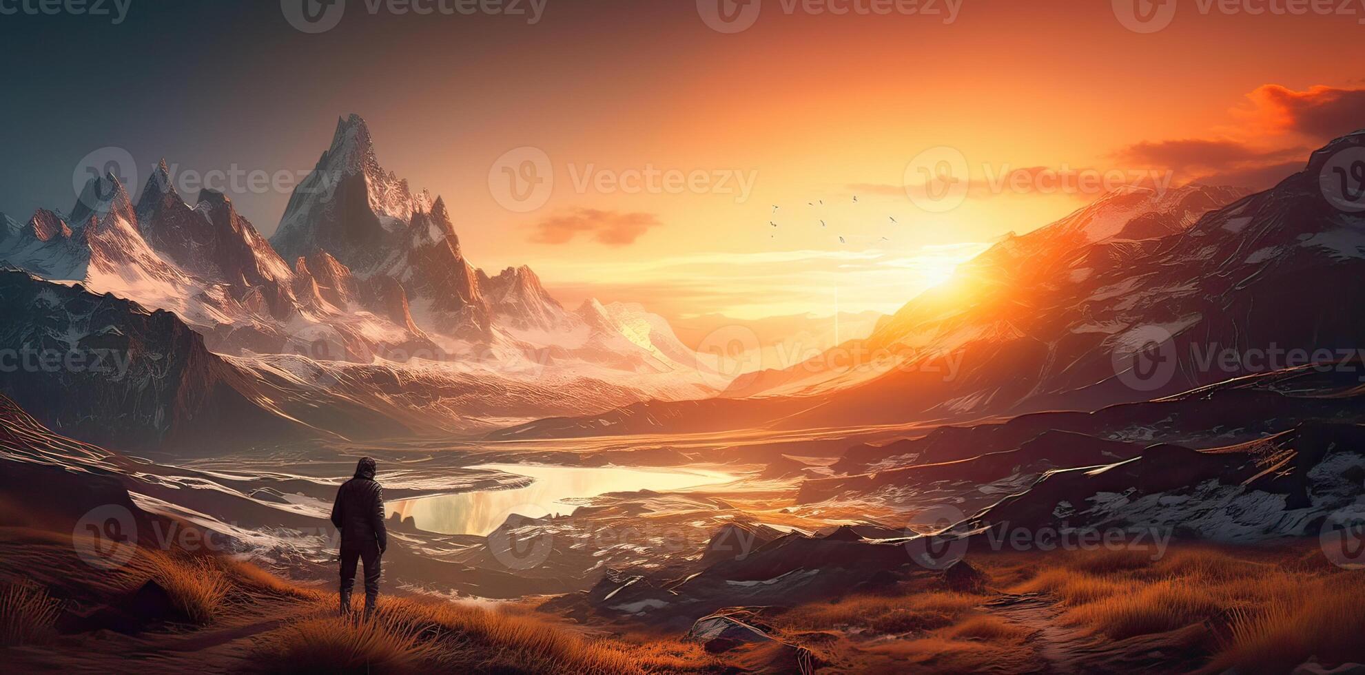 Sporty man on the mountain peak looking on mountain valley with sunbeams at colorful sunset in autumn. Landscape traveler, foggy hills, forest in fall, amazing sky and sunlight in fall. photo