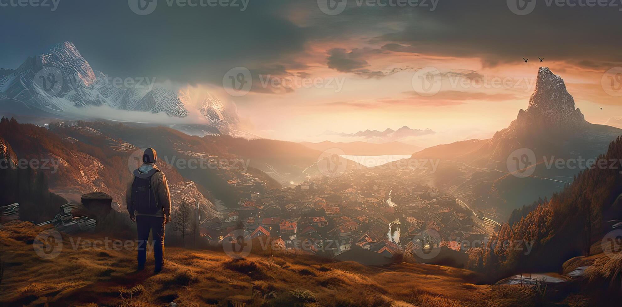 Sporty man on the mountain peak looking on mountain valley with sunbeams at colorful sunset in autumn. Landscape traveler, foggy hills, forest in fall, amazing sky and sunlight in fall. photo