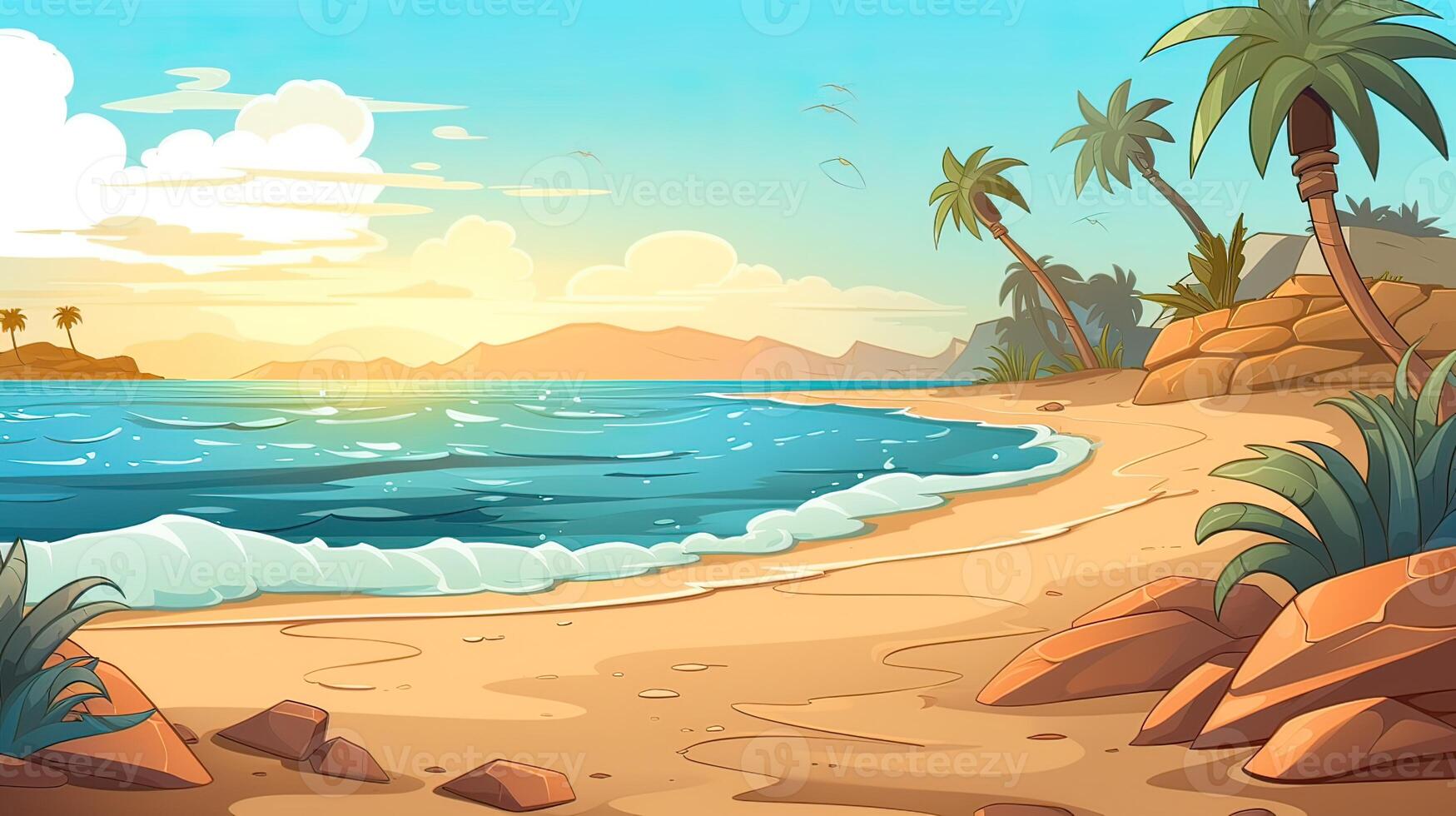 Sky and sun at sea background, ocean and beach vector island scenery empty cartoon. Ocean or sea water with waves and clouds in sky summer blue seascape with cloudy sky and seaside. photo