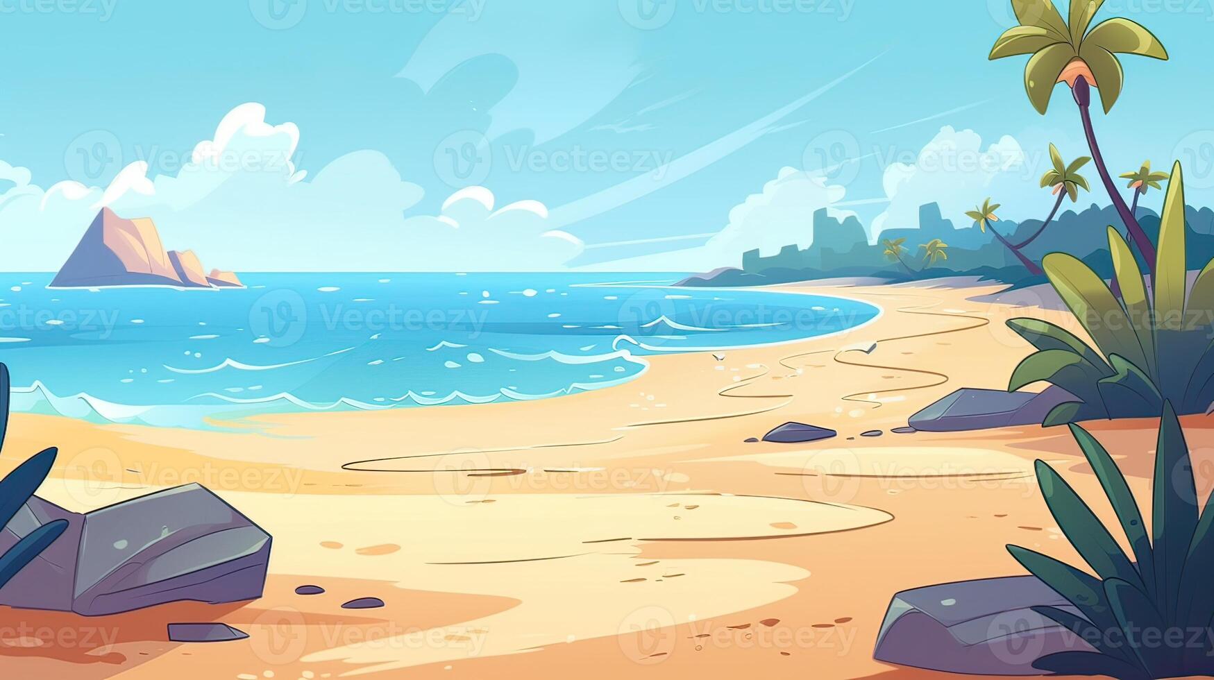 Sky and sun at sea background, ocean and beach vector island scenery empty cartoon. Ocean or sea water with waves and clouds in sky summer blue seascape with cloudy sky and seaside. photo