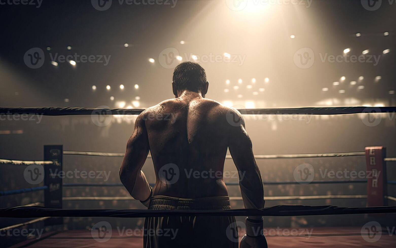 Boxing champion standing on arena. Rear view of shirtless man in boxing gloves. Muscular build concept. . photo