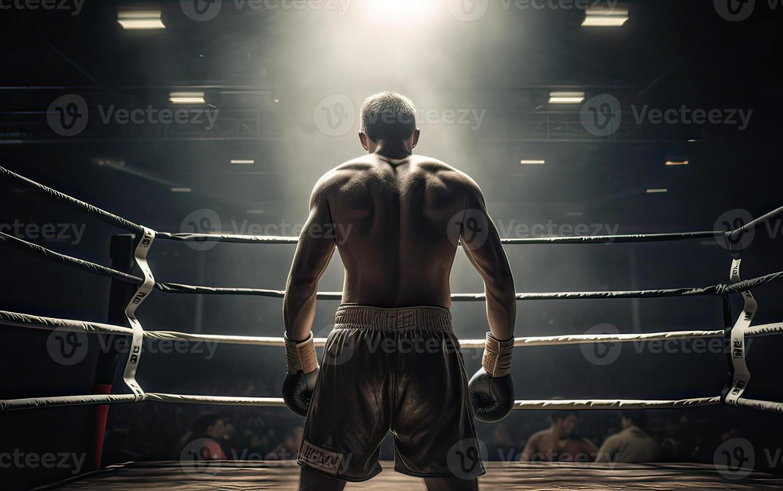Boxing champion standing on arena. Rear view of shirtless man in boxing gloves. Muscular build concept. . photo