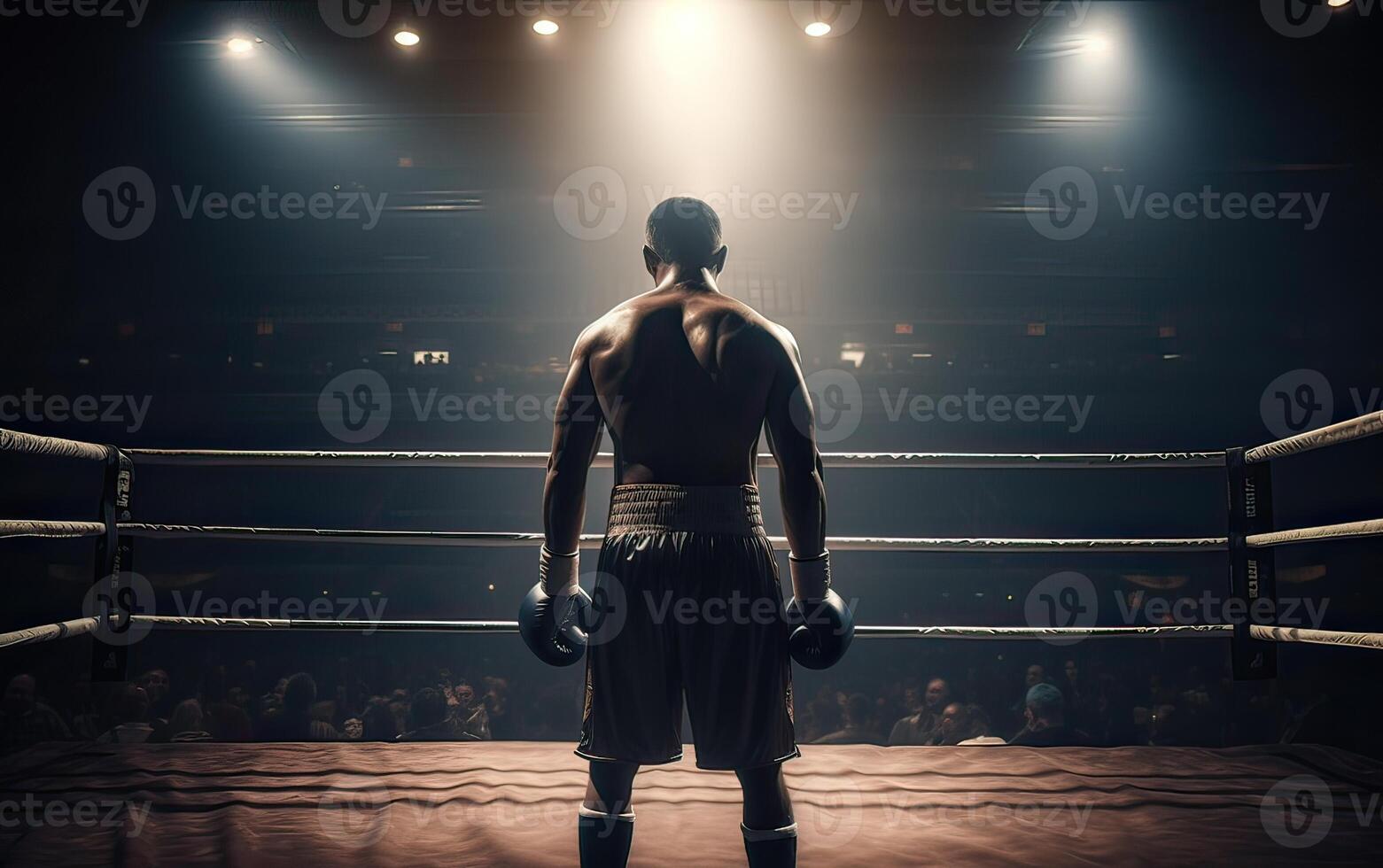Boxing champion standing on arena. Rear view of shirtless man in boxing gloves. Muscular build concept. . photo