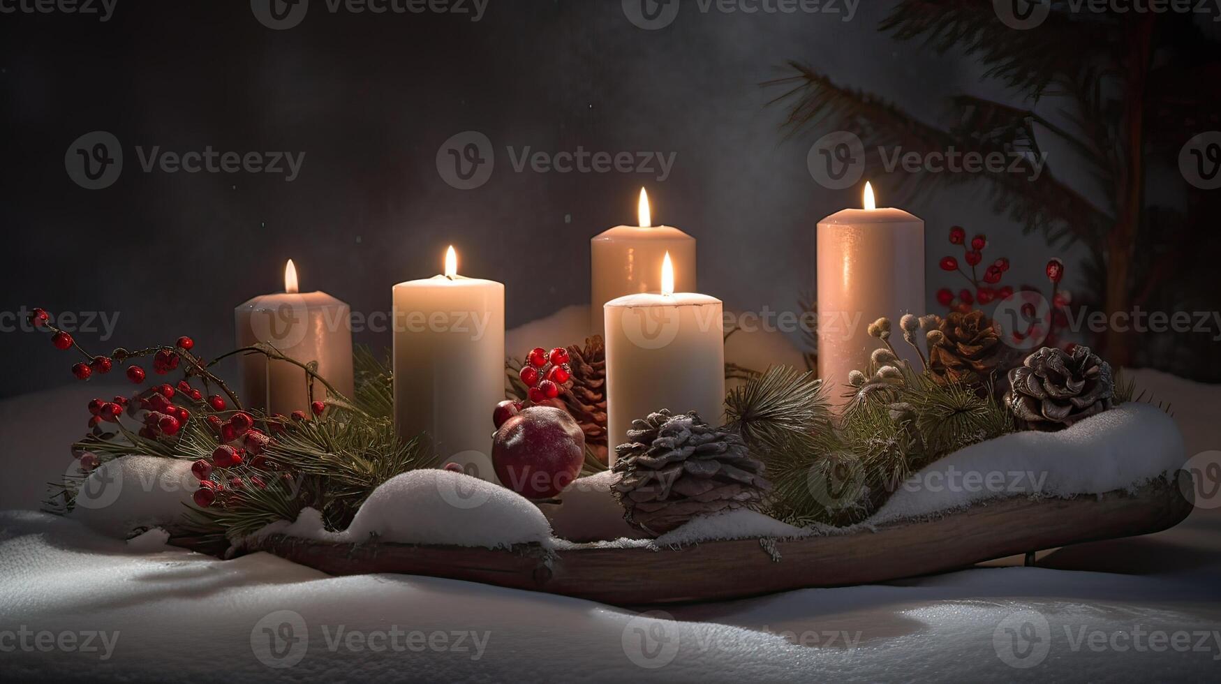 decorated Advent wreath from evergreen branches with white burning candles, tradition in the time before Christmas, copy space, selected focus. . photo