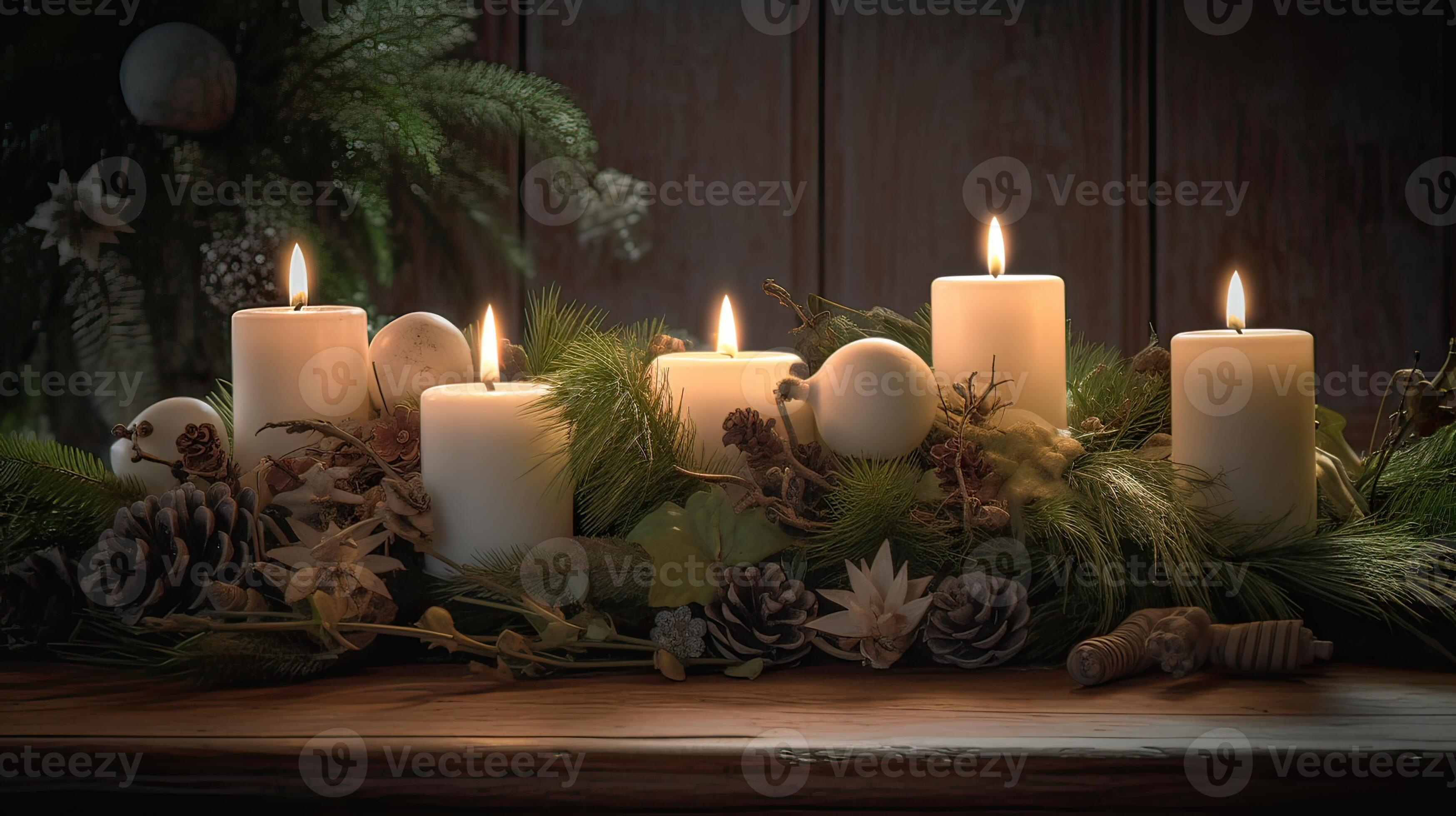decorated Advent wreath from evergreen branches with white burning