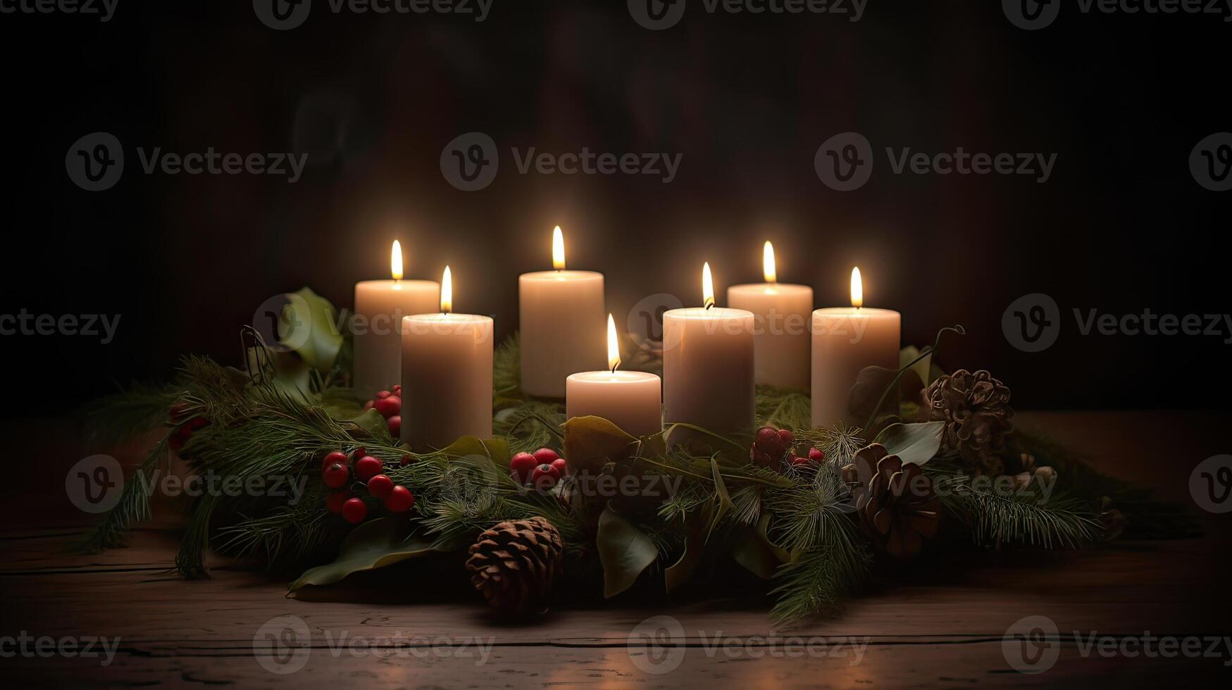 decorado adviento guirnalda desde hojas perennes ramas con blanco ardiente velas, tradicion en el hora antes de Navidad, Copiar espacio, seleccionado enfocar. generativo ai. foto