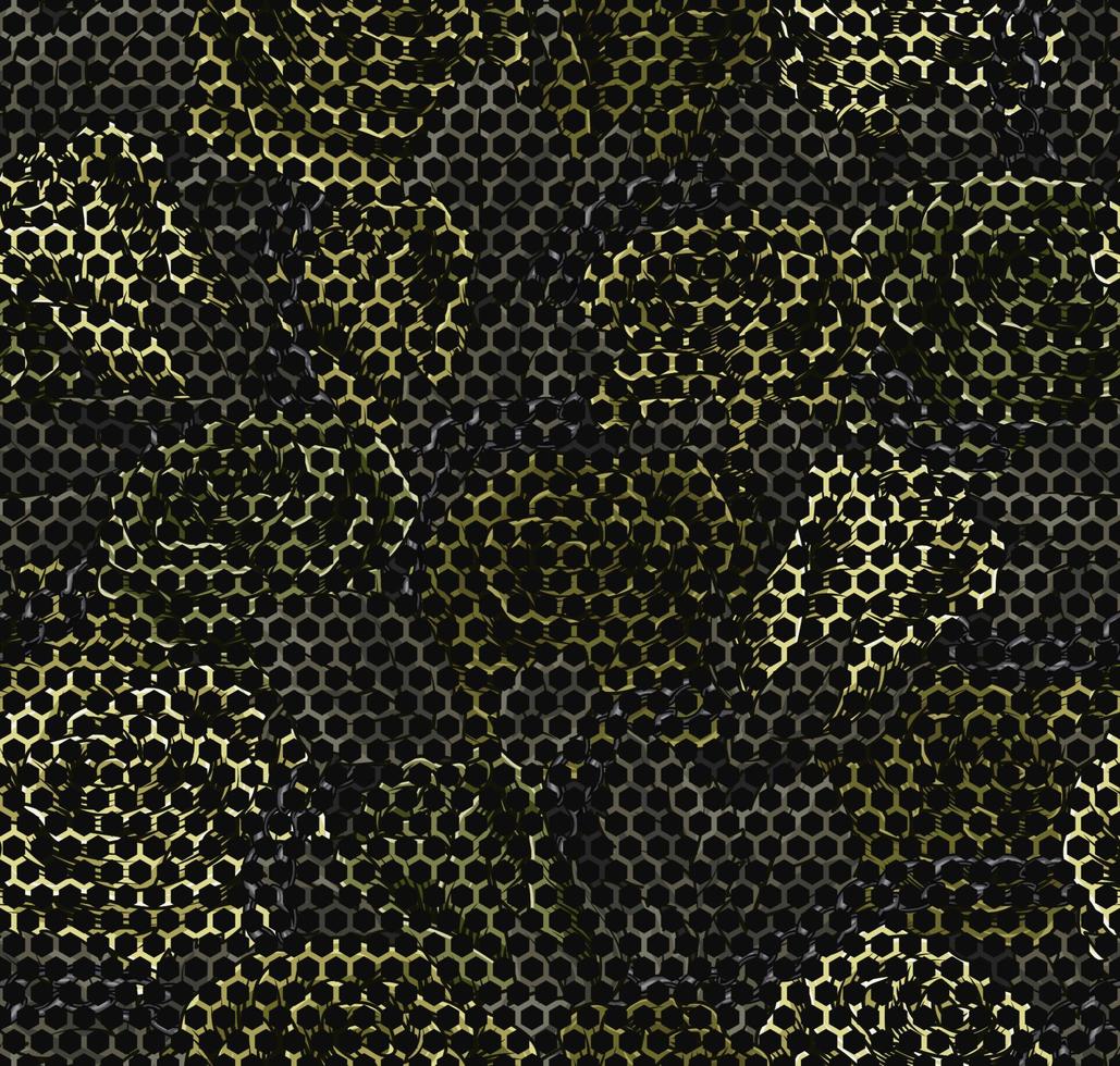 Camouflage khaki hexagonal pattern with blooming green roses. Hexagonal net pattern. Good for female apparel, fabric, textile, sport goods. vector