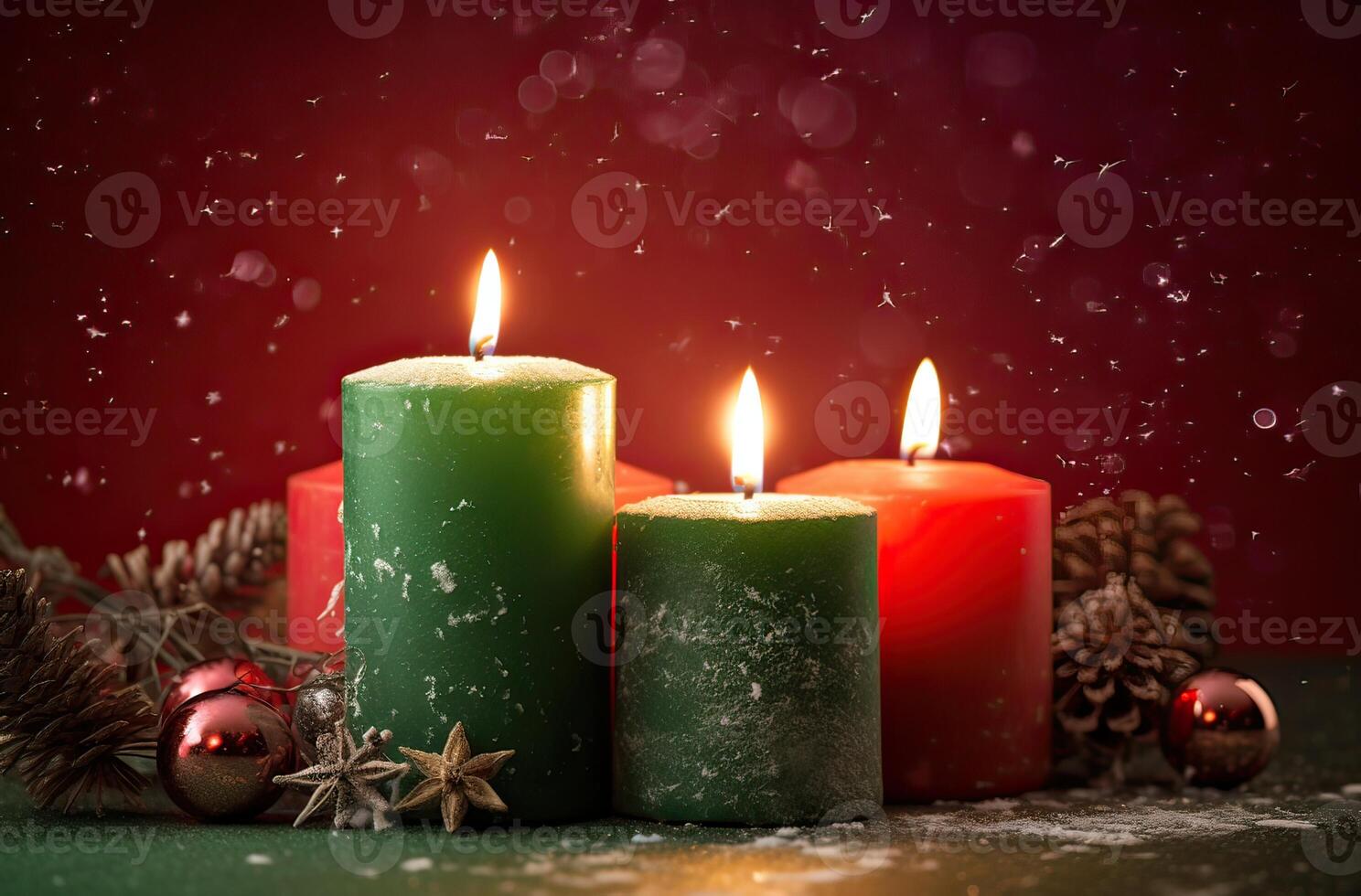 Burning candle and Christmas decoration over snow and wooden background. . photo
