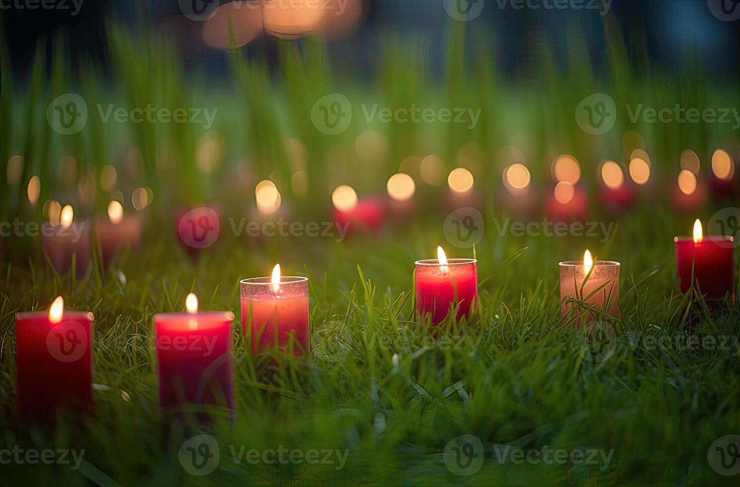 Advent candle, fir tree branches and holiday decorations in snow against light garland background. Christmas card. . photo