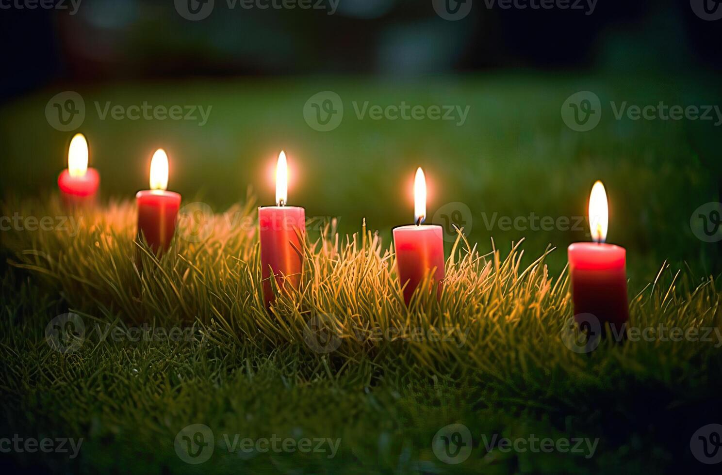 Advent candle, fir tree branches and holiday decorations in snow against light garland background. Christmas card. . photo