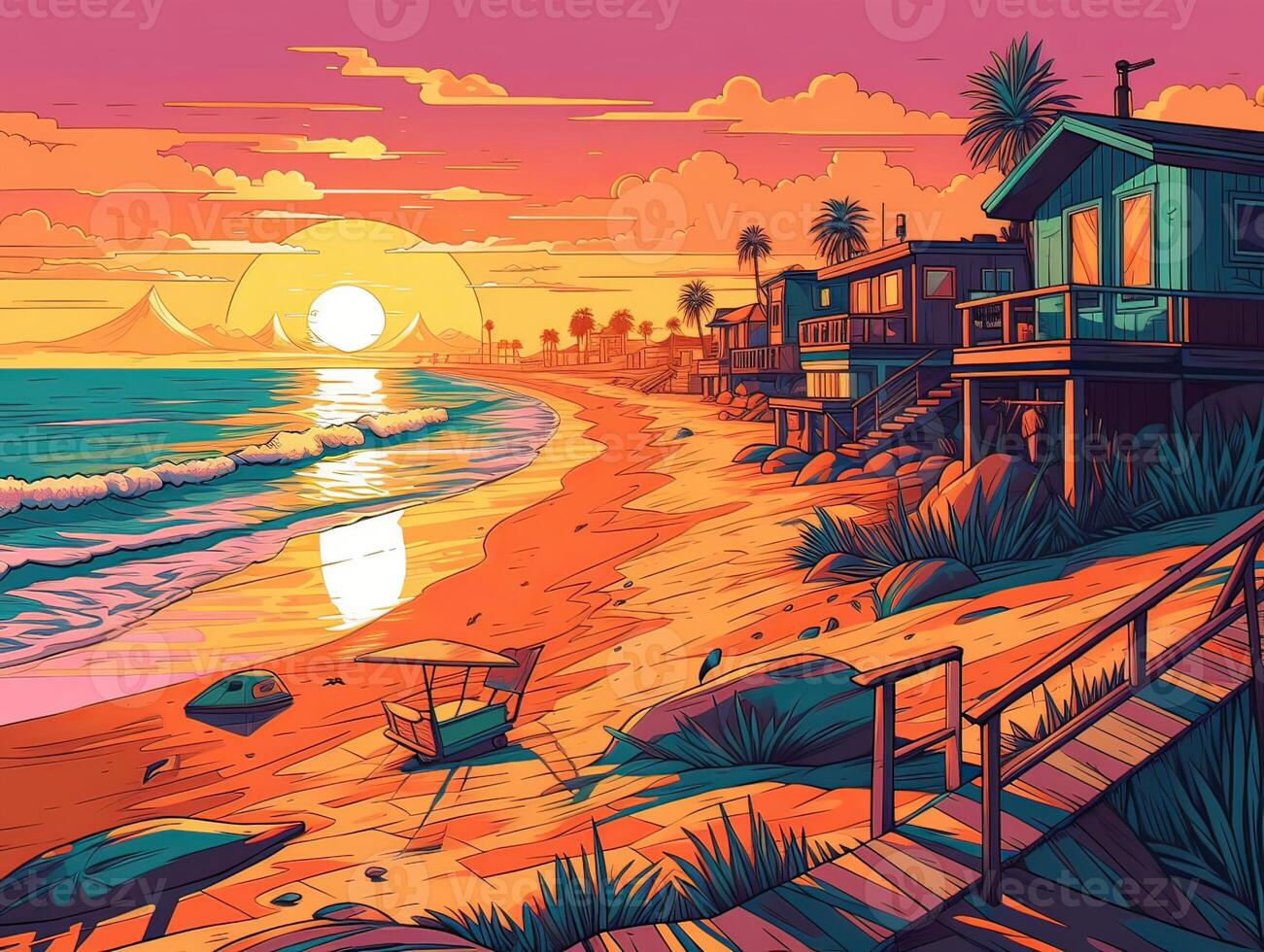 illustration of Sea landscape summer beach with palms, boat, horizon at sunset. artoon style illustration for t shirt design. . photo