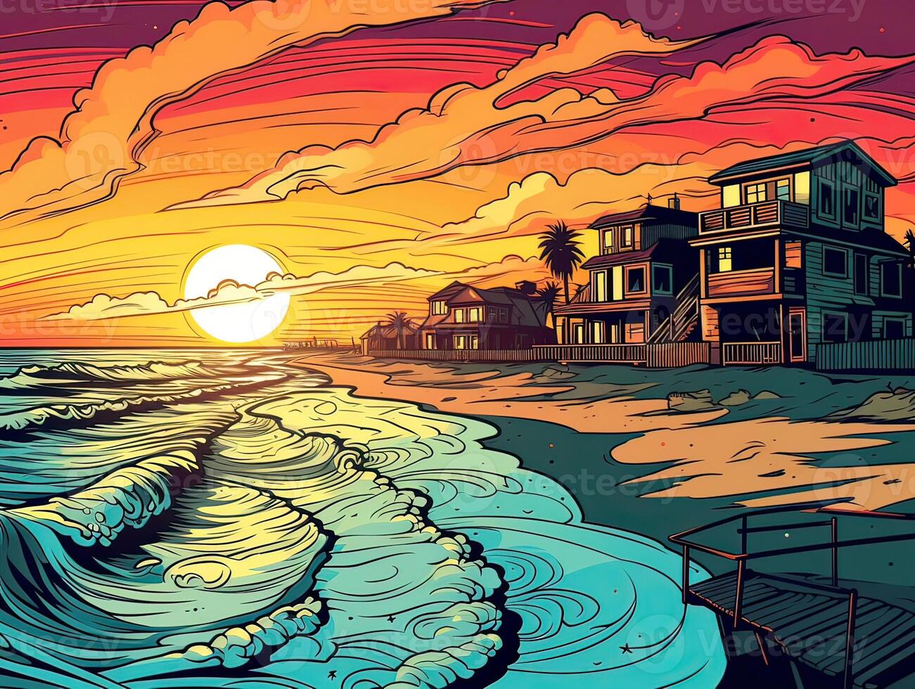 ilustración de mar paisaje verano playa con palmas, bote, horizonte a puesta de sol. Artoon estilo ilustración para t camisa diseño. generativo ai. foto