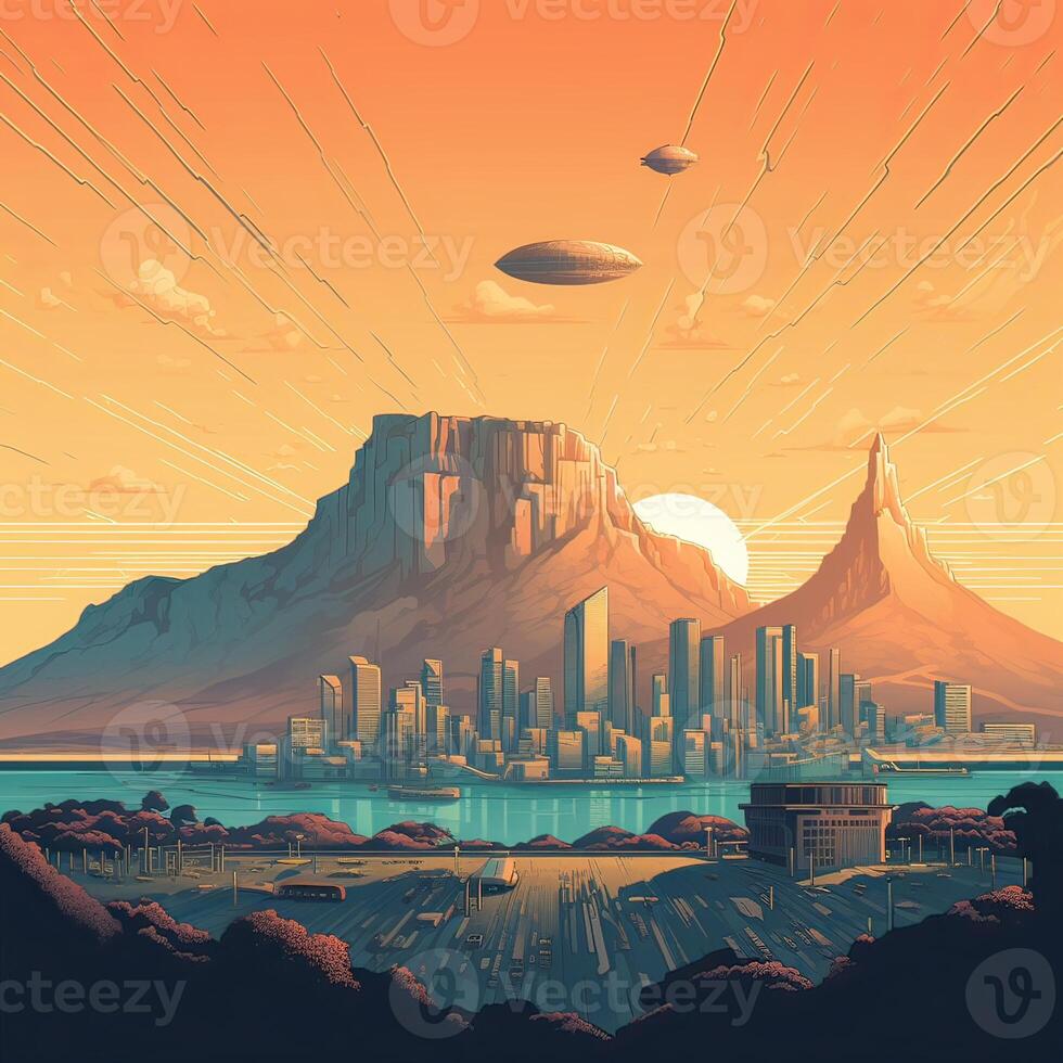 Illustration of Exoplanet fantastic landscape. Beautiful views of the mountains and sky with unexplored planets. . photo