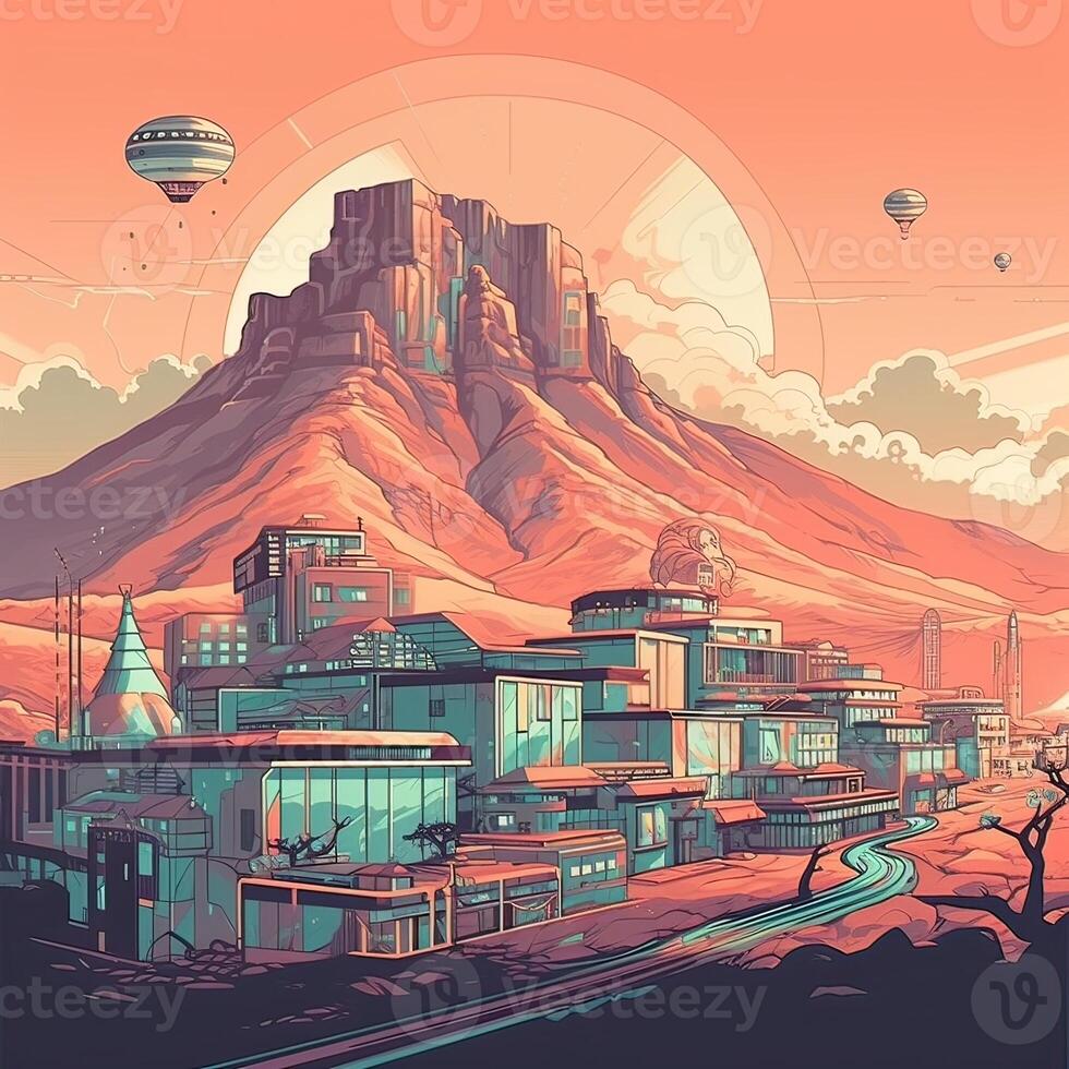 Illustration of Exoplanet fantastic landscape. Beautiful views of the mountains and sky with unexplored planets. . photo