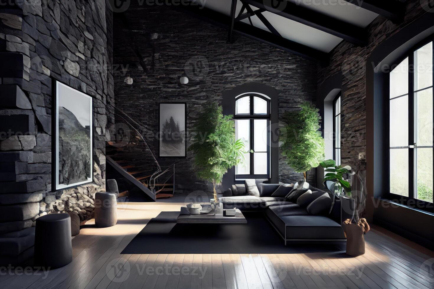 Modern interior of a living room. Penthouse Loft with dark stone walls . photo