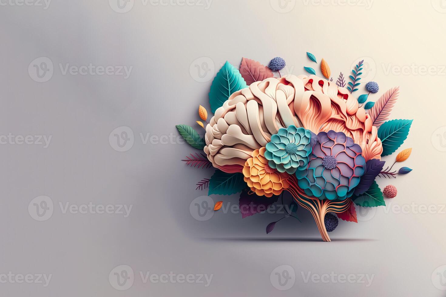 Mental health concept. Illustration design of human brain made of flowers. . photo