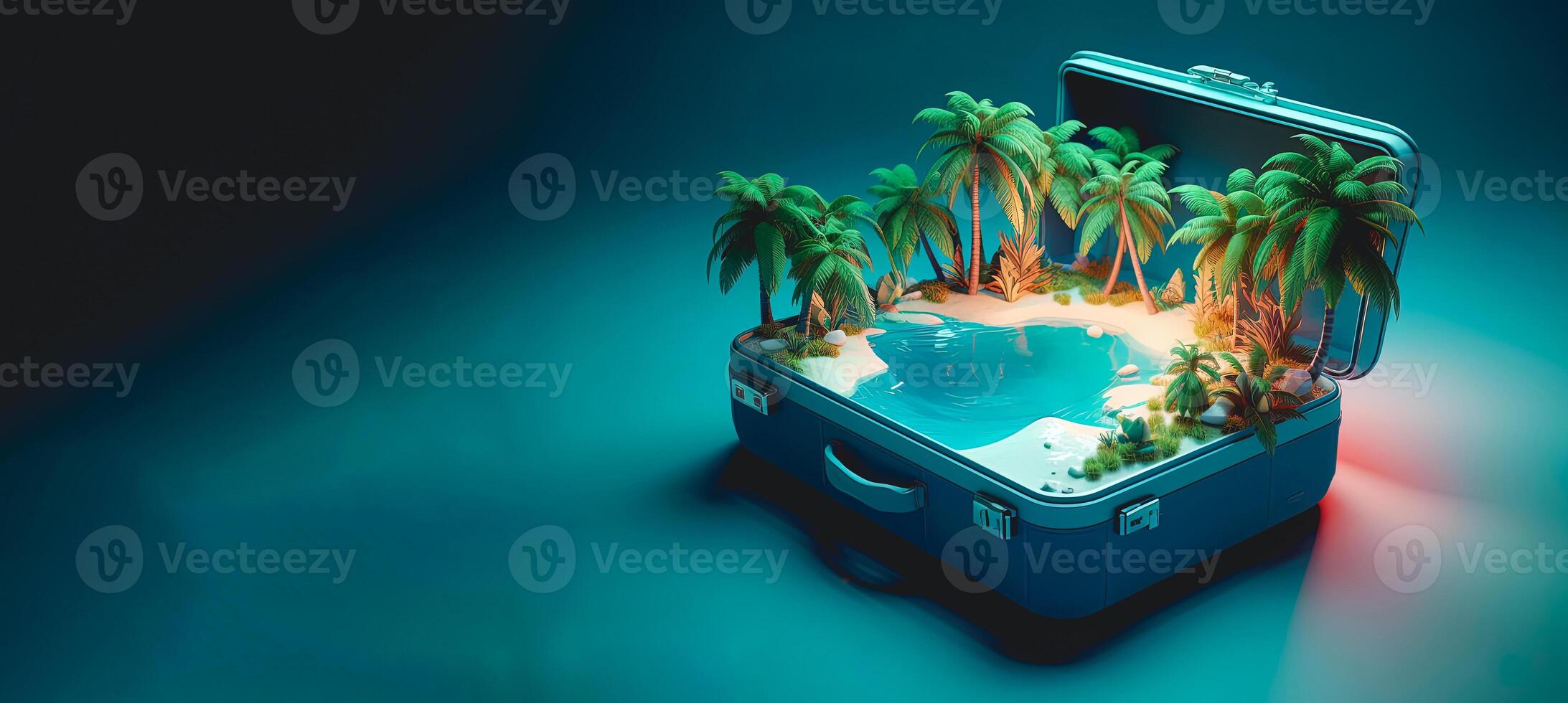 Summer beach island inside a blue suitcase. Banner for summer holiday concept. . photo