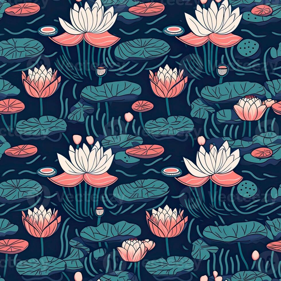Pink Lotus illustration abstract seamless patterns. . photo