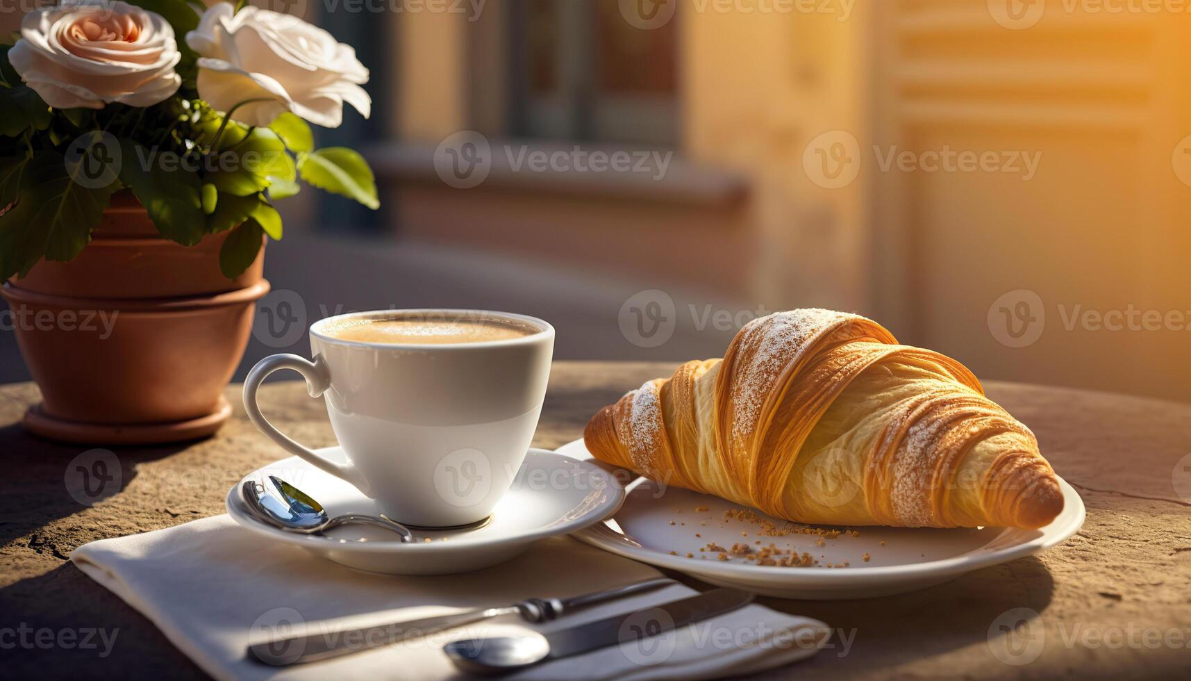 Cup of coffee with delicious croissant at morning. . photo